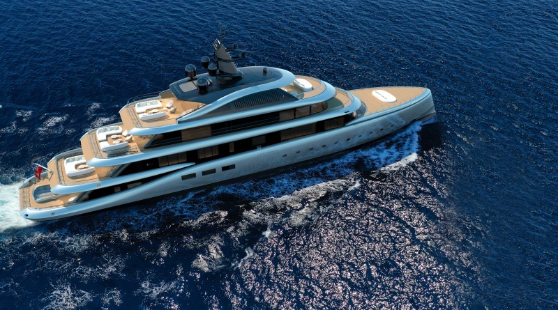 Aerial drone ultra wide photo of luxury mega yacht with wooden d